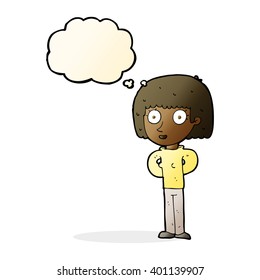cartoon staring woman with thought bubble