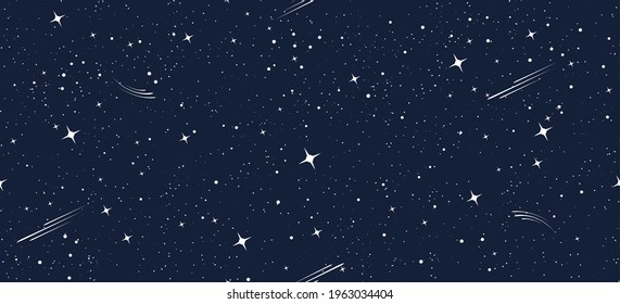 Cartoon starry pattern. Cosmic stars in darkness space vector print graphic, night sky constellations galaxy seamless background