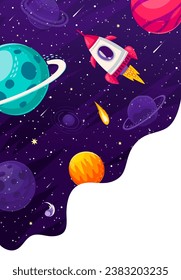 Cartoon starry space landscape with rocket and galaxy planets in sky, vector poster. Space exploration and galaxy adventure spaceflight with spaceship shuttle or spacecraft to galactic moon planet