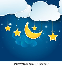 Cartoon stars and clouds in the night sky. Vector EPS10.