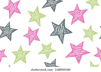 Cartoon stars magic vector seamless pattern. Cosmos background. Birthday decoration. Fabric print with primitive doodle stars. Funny starry ornament.