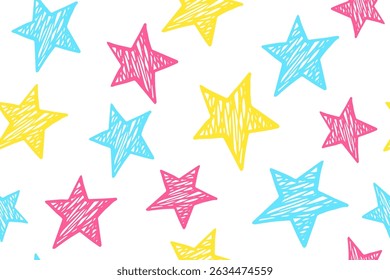 Cartoon stars magic vector seamless pattern. Childish background. Birthday decoration. Wallpaper print with simple scribble stars. Funny starry ornament.