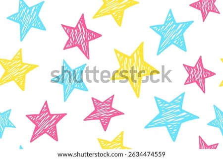 Cartoon stars magic vector seamless pattern. Childish background. Birthday decoration. Wallpaper print with simple scribble stars. Funny starry ornament.