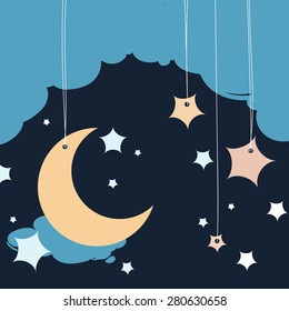 Cartoon stars in the night sky. The moon and the stars hanging on strings