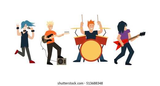 Cartoon Stars Rock Band Musicians and Singer. Flat Design Style group isolated on white Vector illustration. Singer girl, guitarist, drummer, bassist with instruments.