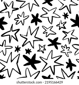 Cartoon Sterne nahtloses Muster. Schwarz-Weiß-geometrische Ornamente mit einfachen Linienelementen. Handgezeichnete moderne Vektorschmuck. Raummotiv mit kindischen Sternen. Abstrakter Hintergrund.