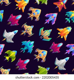 Cartoon starship, spacecraft and spaceship seamless pattern, space rockets on vector background. Galaxy starships or fantasy cosmic spaceship shuttles in galactic spaceflight pattern background