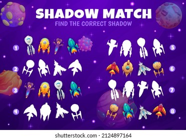 Cartoon Sternschiffe, Raumschiffe und Starcraft in der Galaxie auf der Schatten-Match-Tabelle. Kinder, die Rätsel oder Silhouette vergleichen Rätsel-Vektorbuchseite, spielen Aktivität mit der Suche nach richtigen Form Schatten-Aufgabe