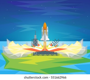 Cartoon Start Space Shuttle Symbol Innovation Development Business Idea Flat Design Style. Vector illustration