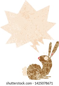 cartoon startled bunny rabbit with speech bubble in grunge distressed retro textured style