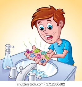 Cartoon of a startled looking boy that is staring at a group of germ and bacteria characters on his hands before he washes them in the sink.