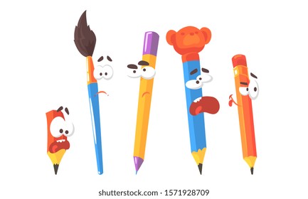 Cartoon stationery with emotions. Set of vector illustrations.