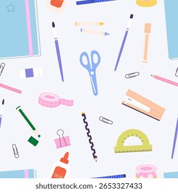 Cartoon stationery seamless pattern. School office items, notebook pencil highlighter scissors tape. Fabric wallpaper print, vector background