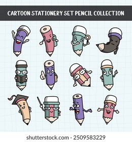 Cartoon stationery set pencil collection. vector illustration.