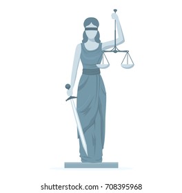 Cartoon Statue of Femida with Scales and Sword Flat Design Style Symbol Law Web Element. Vector illustration of of God Justice