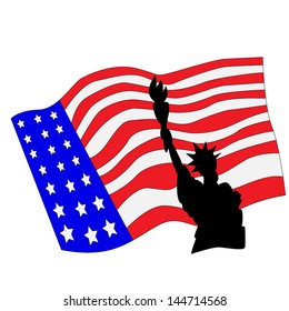 Cartoon Statue of Liberty and Flag.Vector Illustration