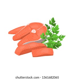 Cartoon Steak and Pieces of Salmon and Green Raw Parsleyt Seafood Fresh Fillet Concept Element Flat Design Style. Vector illustration of Fish