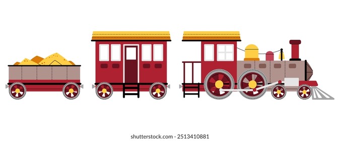 Cartoon steam locomotive with carriage on white background. Children's toy train in flat style. Illustration of railway transport for fabric design, wallpaper, greeting cards, etc.