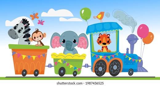 Cartoon steam locomotive with cute animals rides against the blue sky. Banner with railway transport and African animals elephant, tiger, zebra and monkey. Cute cartoon print illustration for toddler