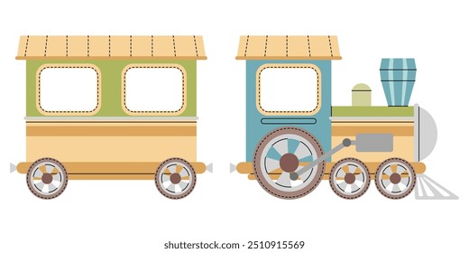 Cartoon steam locomotive on white background. Children's toy trains in flat style. Illustration of railway transport for fabric design, wallpaper, greeting cards, etc.