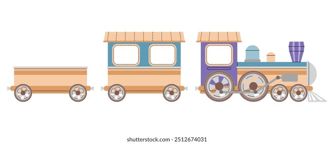 Cartoon steam locomotive on white background. Children s toy trains in flat style. Children s illustration of railway transport for fabric design, wallpaper, greeting cards, etc.