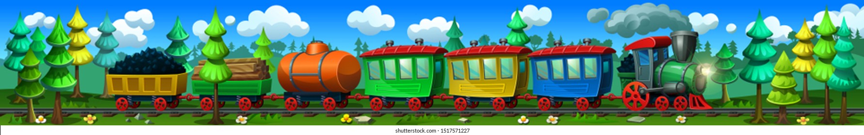 Cartoon steam locomotive with passenger railways carriages and freight wagons. Big forest panorama with the train.
Vector illustration.