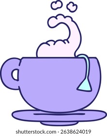 cartoon steaming hot cup of tea in bright neon colors