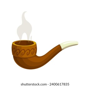 Cartoon steaming smoking pipe. Isolated vector ancient wooden device used for inhaling tobacco or other substances, consists of a bowl for the substance, a stem, and a mouthpiece for smoking