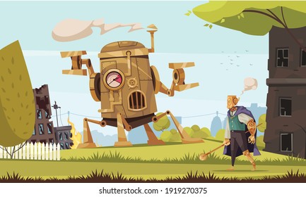 Cartoon steampunk machine and robot in clothes on background with burning and damaged buildings vector illustration