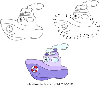 Cartoon steamship. Vector illustration. Coloring and dot to dot educational game for kids