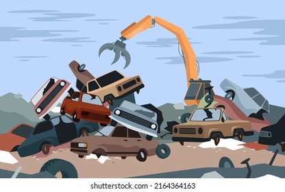 Cartoon steel crane working, dismantling scrapyard with old broken and crushed parts of auto vehicles, abandoned landfill background. Car dump junkyard landscape with metal pile vector illustration