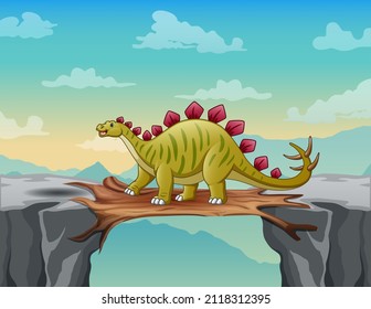 Cartoon a stegosaurus crossing wooden bridge over a cliff