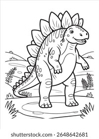 a cartoon stegosaurus standing in a landscape. it is a black and white outline image, perfect for a coloring page or children's book illustration