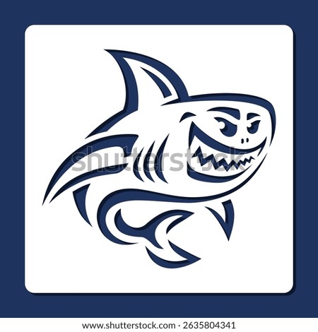 Cartoon stencil shark. Large predatory fish with evil grin, large teeth, dorsal fin. Template for plotter laser cutting of paper, fretwork, wood carving, metal engraving, cnc. Vector illustration.