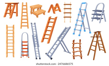 Cartoon step ladders. Tall ladder work tool, climb stairway stand high staircase metal aluminium or wooden stairs renovation household inventory instrument neat vector illustration