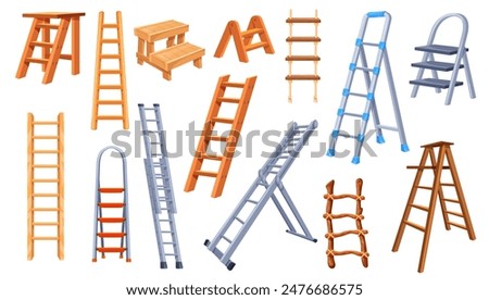 Cartoon step ladders. Tall ladder work tool, climb stairway stand high staircase metal aluminium or wooden stairs renovation household inventory instrument neat vector illustration