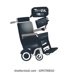 Cartoon Stephen Hawking - famous scientist wheelchair with laptop and thank you bubble. Science, space exploration symbol. Vector isolated illustration