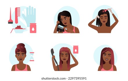 Pistas de dibujos animados del proceso de coloreado del pelo para la mujer en el hogar, chicas de piel oscura con guantes y cepillo, herramientas de bricolaje profesional cambian el color del pelo a rojo. Cómo teñir el cabello en la ilustración del vector del hogar.