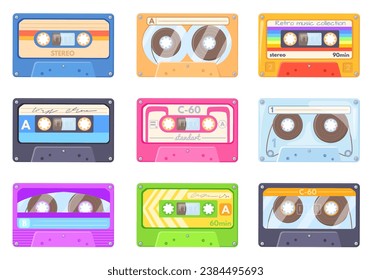 Cartoon stereo cassettes. Analogue tape cartridge compact vintage music player, old school record mixtape stereo technology, colorful audiocassette design, neat vector illustration of analogue audio