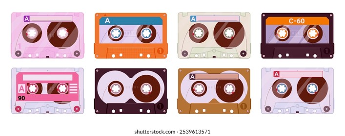 Cinta estéreo de dibujos animados. Casetes de audio retro de los años 80, discos de cinta de la vieja escuela, conjunto de Ilustración vectorial plana de casete de audio de música de los años 90. colección de cintas analógicas de Antiguas