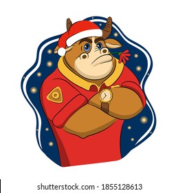 Cartoon-Heckbull oder Ochse mit einem roten T-Shirt und einem Weihnachtsmütze mit Blume auf Sternhintergrund. Vektorgrafik lustiger Tiere. Symbol von 2021. Einzeln auf Weiß. 