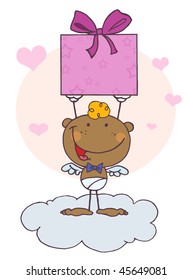 Cartoon Stick African American Cupid with Gift,background