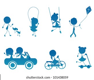 cartoon stick children silhouette active playing outdoor