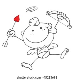 Cartoon Stick Cupid with Bow and Arrow Flying With Hearts