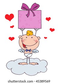 Cartoon Stick Cupid with Gift and hearts