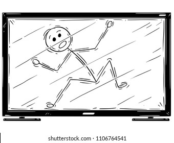 Cartoon stick drawing conceptual illustration of man trapped inside television or TV set. Concept of addiction and unhealthy lifestyle.