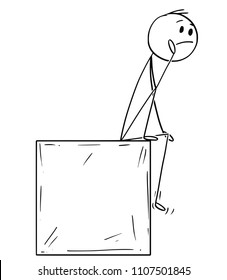Cartoon stick drawing conceptual illustration of man or businessman sitting on box or cube and thinking.
