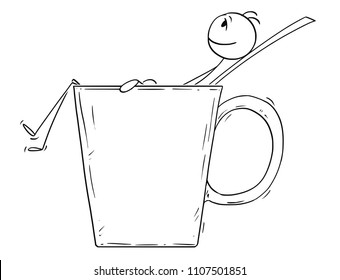 Cartoon stick drawing conceptual illustration of man or businessman relaxing in big cup or mug of coffee or tea.