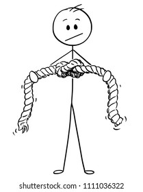 Cartoon stick drawing conceptual illustration of man or businessman holding rope with knot. Business concept of problem and solution.