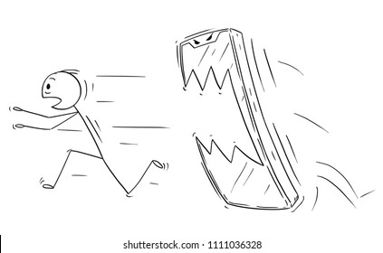 Cartoon stick drawing conceptual illustration of man or businessman chased by his own mobile phone. Concept of unhealthy communication addiction.